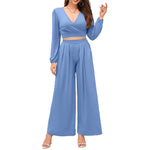Women’s V-Neck Lounge Set Wide Leg Pants High Waist Outfit